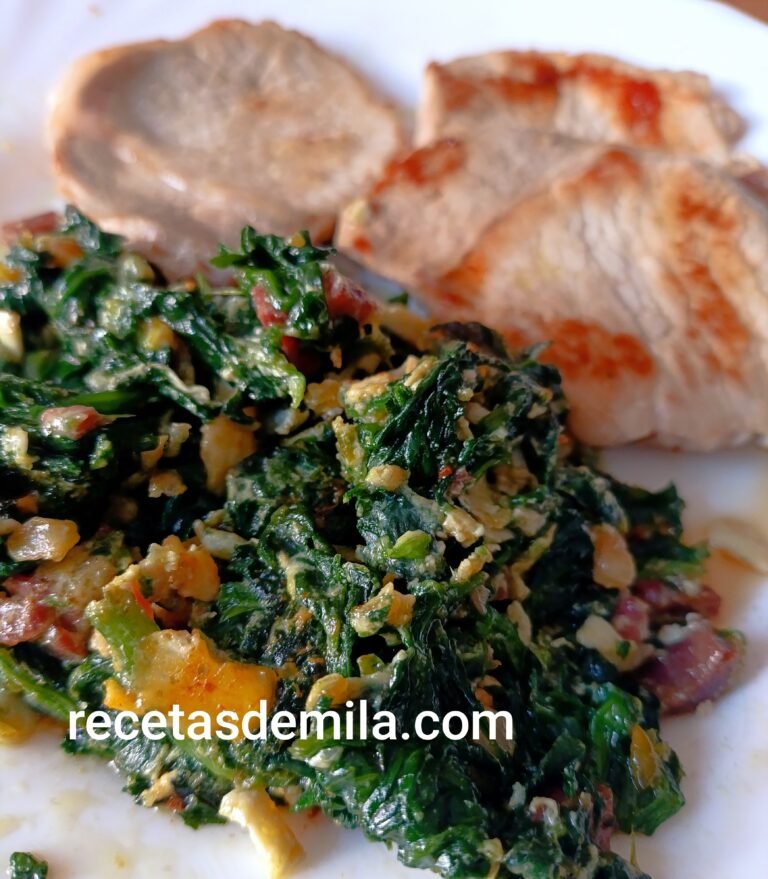 Prepara las deliciosas Espinacas con huevo y jamón y cinta de lomo a la plancha. Una receta rápida, económica y saludable para toda la familia.